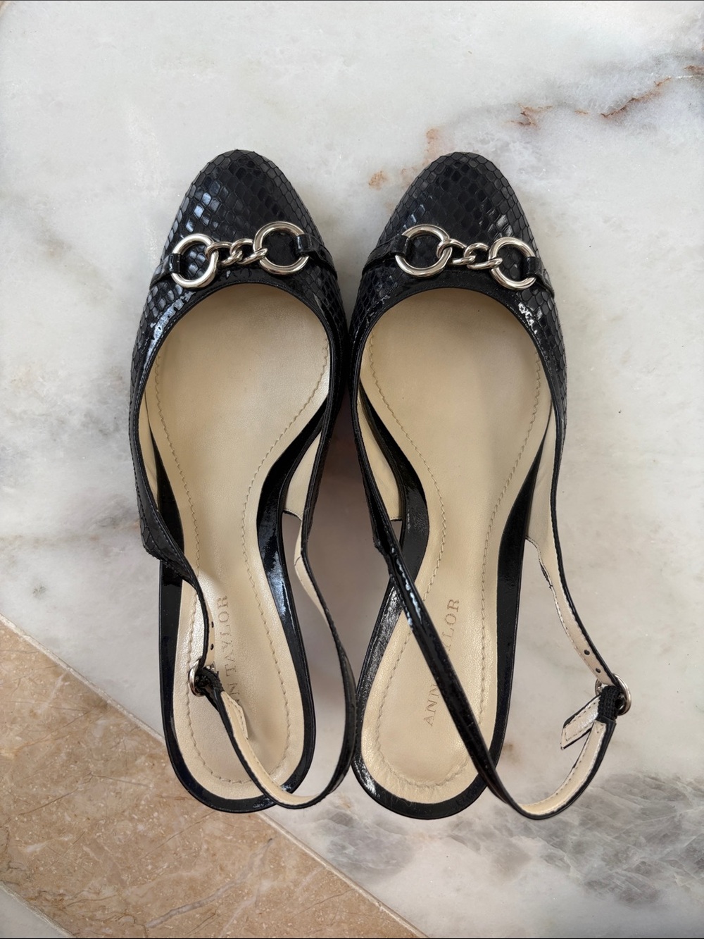 Ann Taylor Black Slingback Pointed Flats with Silver Chain